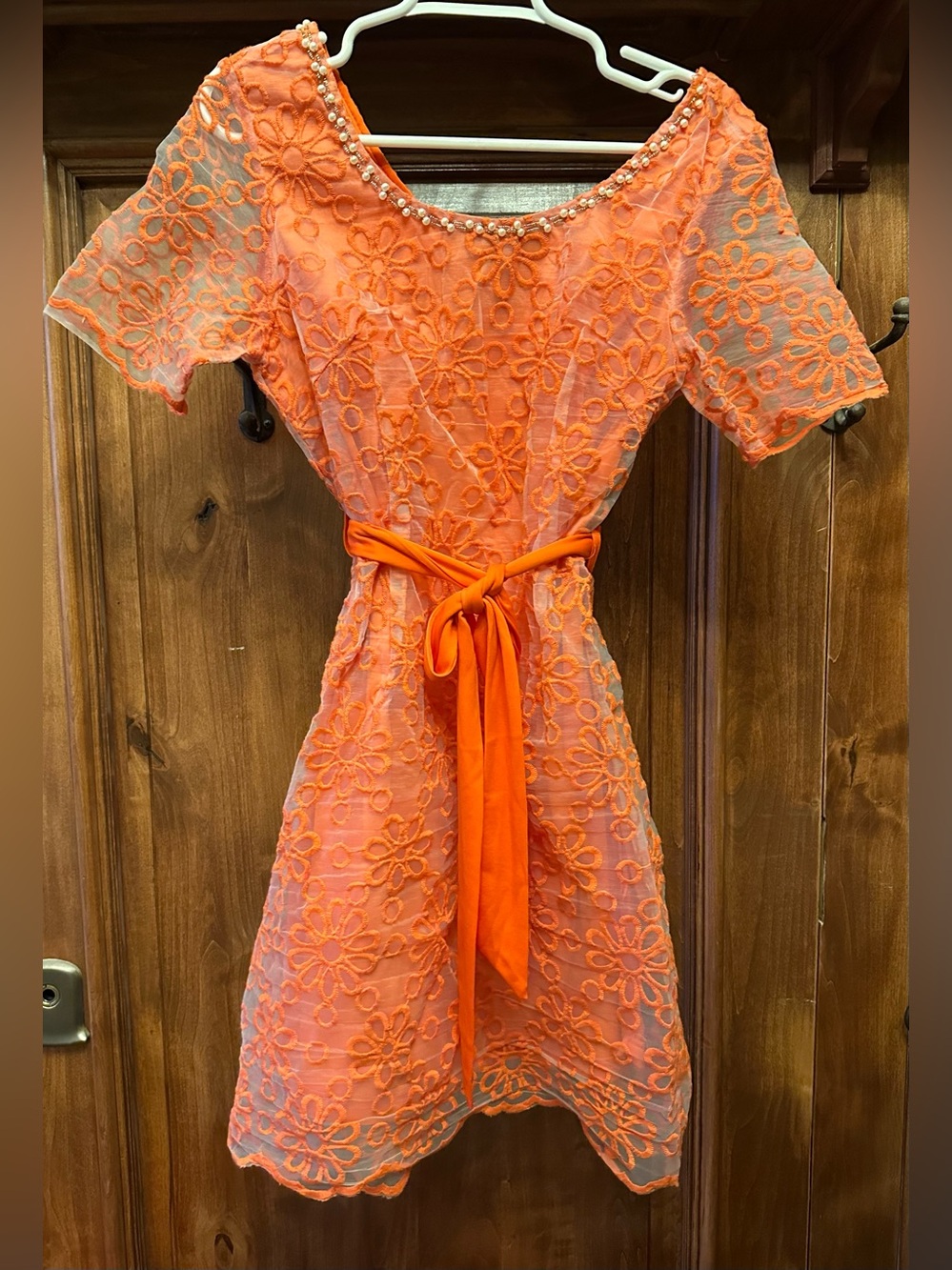 Orange Floral Lace Belted Women's Dress